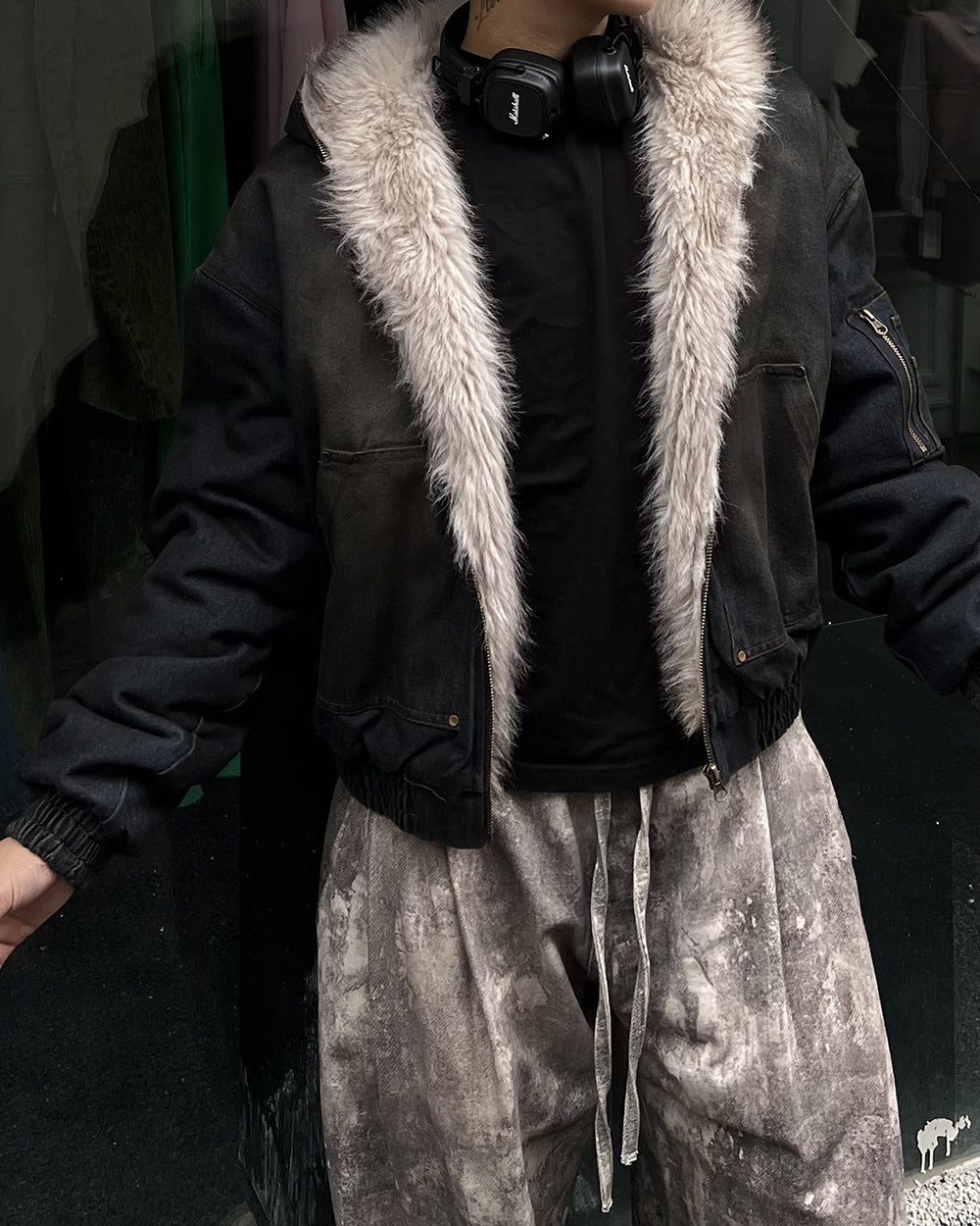 VINTAGE DISTRESSED SHERPA-LINED HOODED JACKET