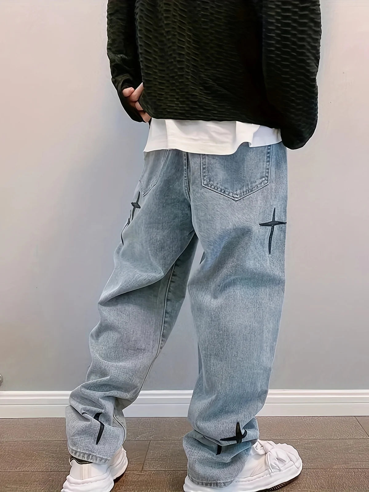 CROSS DISTRESSED STITCH JEANS - Damstreetwear