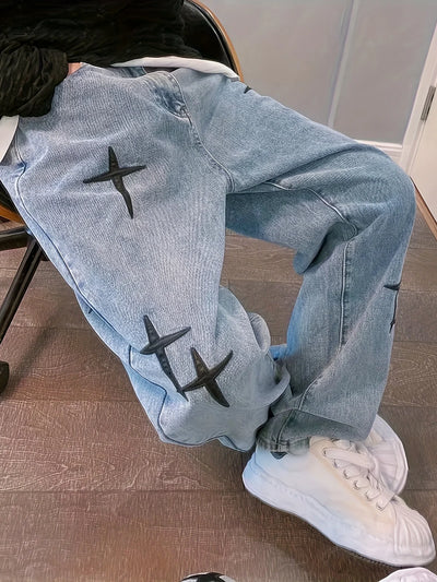 CROSS DISTRESSED STITCH JEANS - Damstreetwear