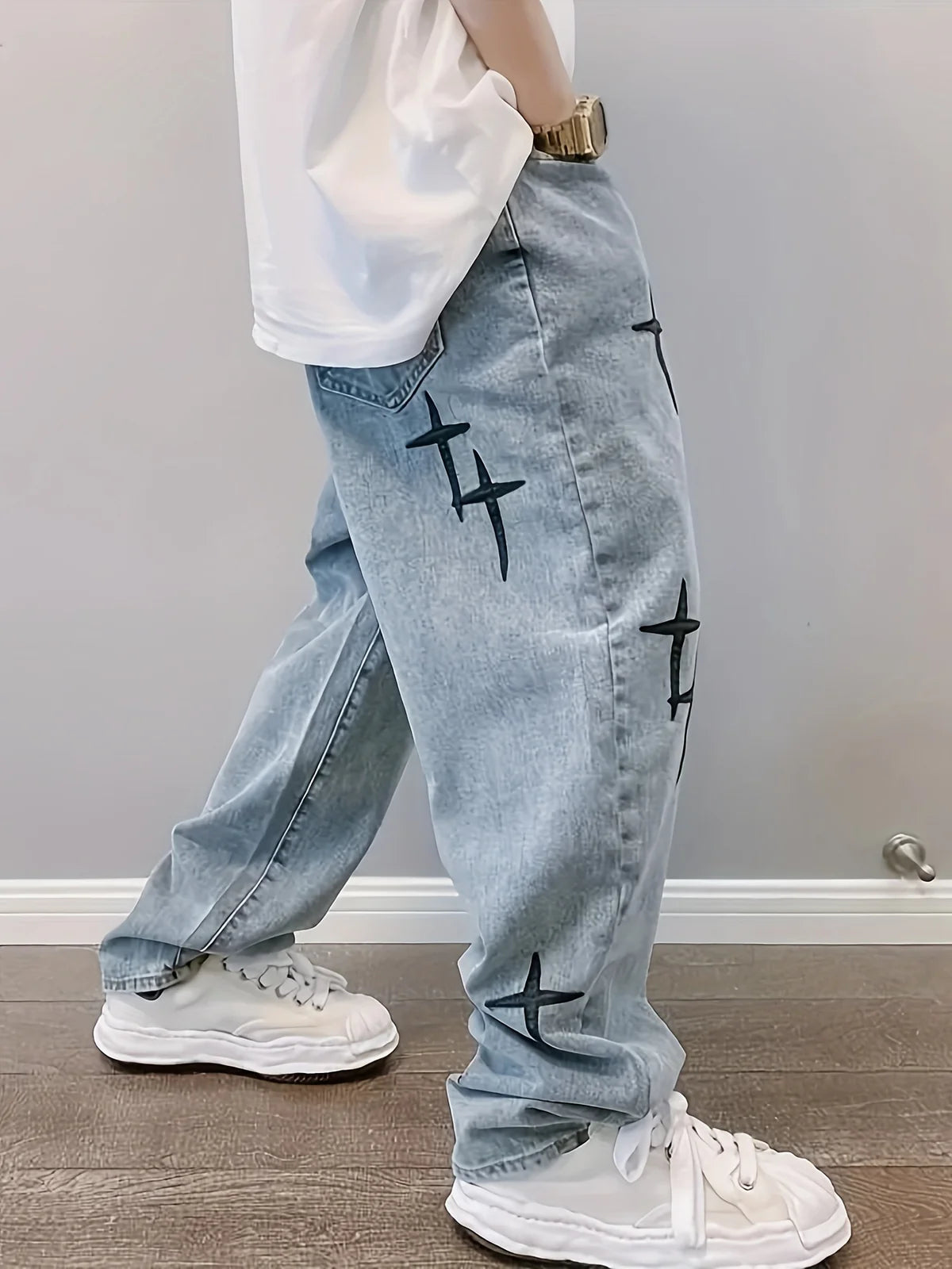 CROSS DISTRESSED STITCH JEANS - Damstreetwear