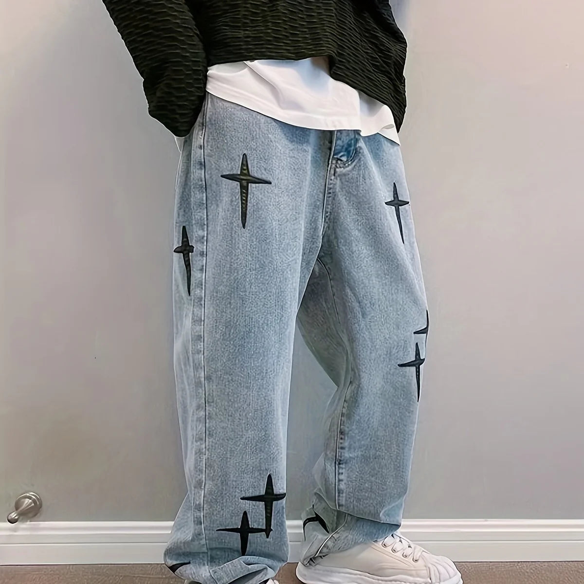 CROSS DISTRESSED STITCH JEANS - Damstreetwear