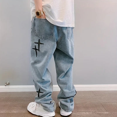 CROSS DISTRESSED STITCH JEANS - Damstreetwear