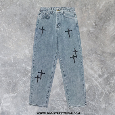 CROSS DISTRESSED STITCH JEANS - Damstreetwear