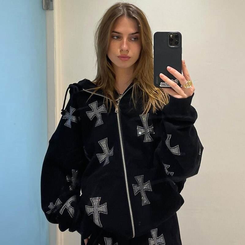 Veste avec croix strass brillante - Damstreetwear