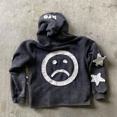 LUCKY EMBROIDERED APPLIQUE STREET CASUAL ZIP HOODIE